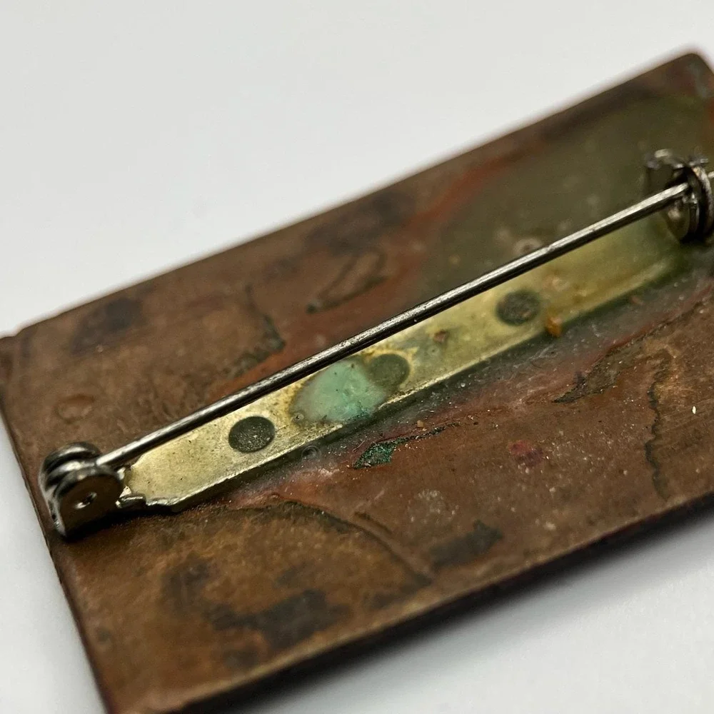 Vintage Multicolor Classic Rectangular‎ Abstract Art Enameled Copper Brooch Pin
